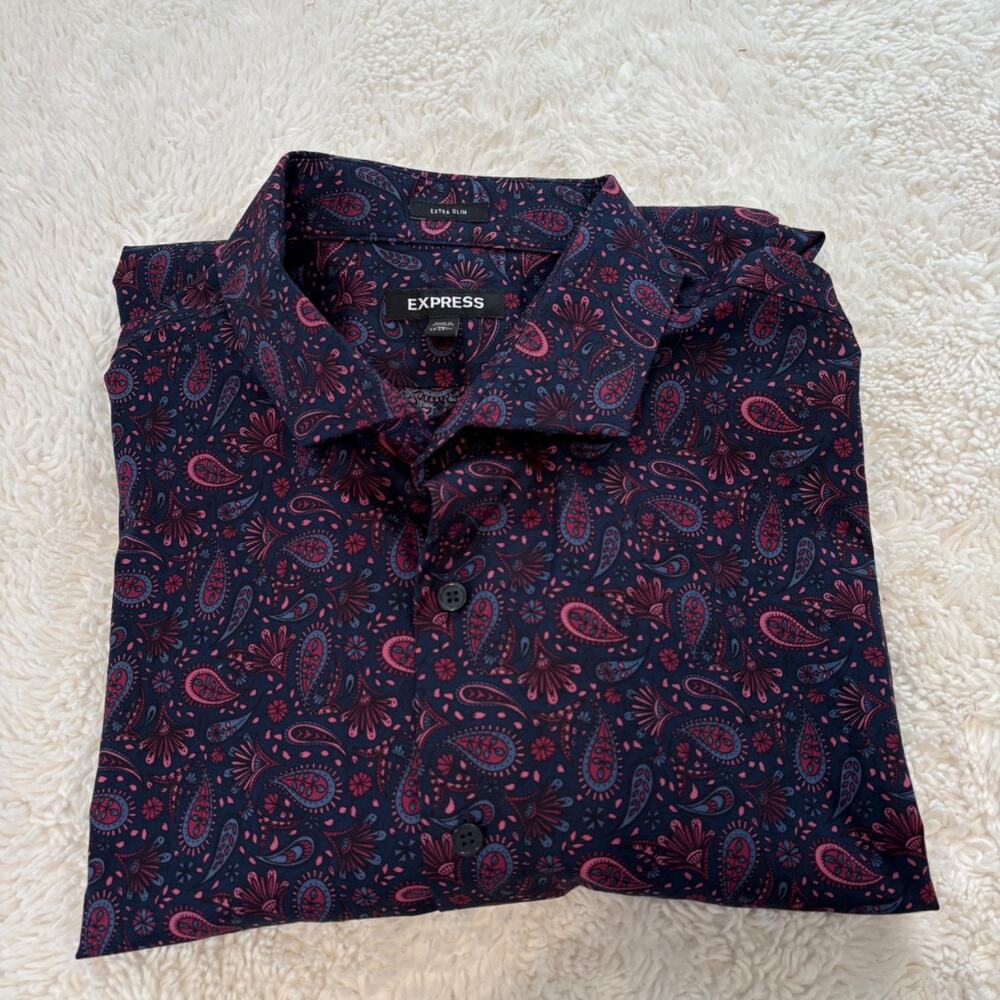 Express Mens Long Sleeve Button Down Purple Paisley XL Cotton Preppy Formal